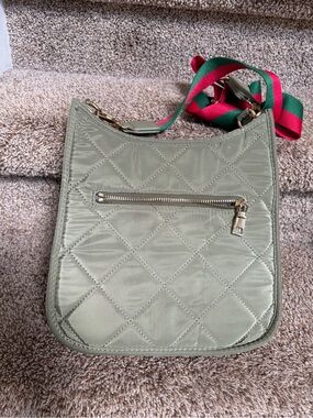 Non branded Women’s Quilted Olive Crossbody Bag with Striped Strap